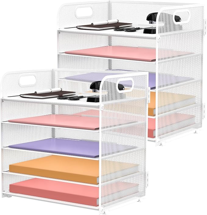 2 Pack 5-Tier White Desk Organizer with Handle Mesh Desk File/Paper Organizer Letter Tray for Office, School and Home Easy Installation