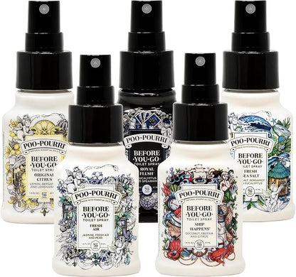 Poo-Pourri Set - Includes Tropical Hibiscus, Lavender, Hollyday Spice and Ship Happens 1.4 Ounce Bottles