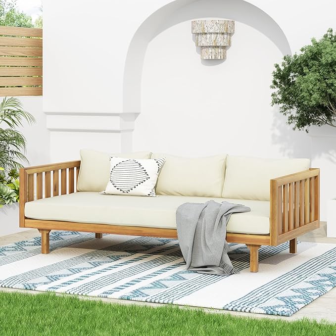 Christopher Knight Home Claremont Outdoor 3 Seater Acacia Wood Daybed with Fabric Water Resistant and Removable Cushions, Patio Garden Poolside Sofa with Slat Paneling Armrest and Back, Teak and Beige