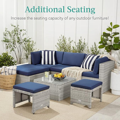 Best Choice Products Set of 2 Wicker Ottomans, Multipurpose Outdoor Furniture for Patio, Backyard, Additional Seating, Footrest, Side Table w/Removable Cushions, Steel Frame - Navy/Brown