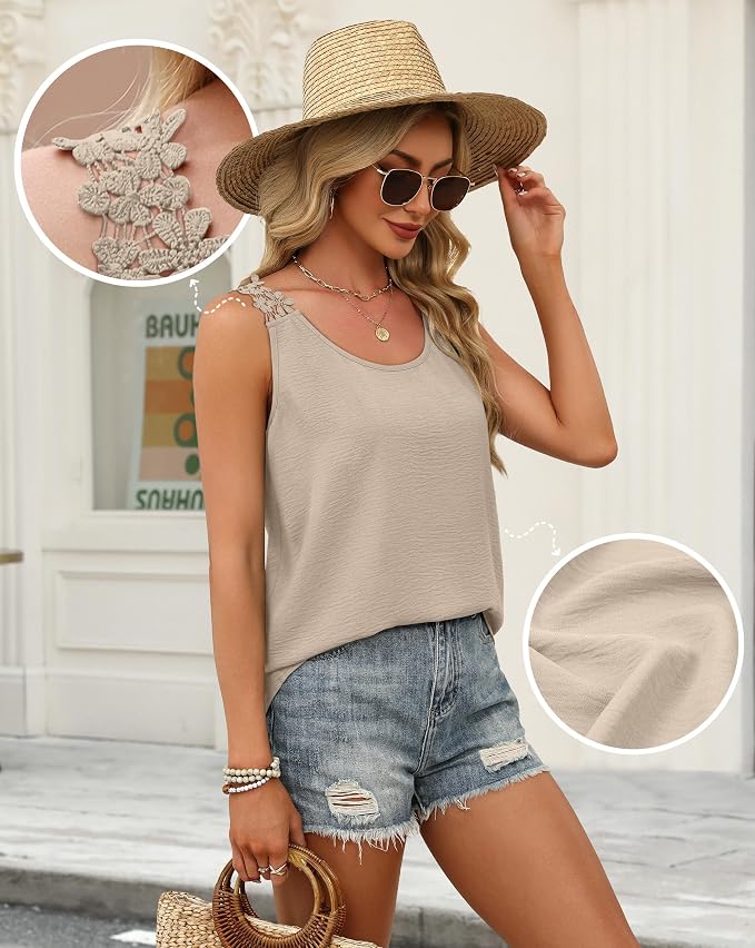 OFEEFAN Tank Top for Women Loose Fit Crew Neck Sleeveless Shirts Strap Lace Camisole Chiffon Summer Tops Curved Hem