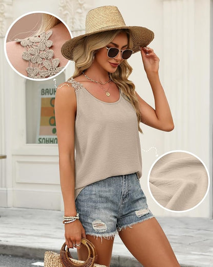 OFEEFAN Tank Top for Women Loose Fit Crew Neck Sleeveless Shirts Strap Lace Camisole Chiffon Summer Tops Curved Hem