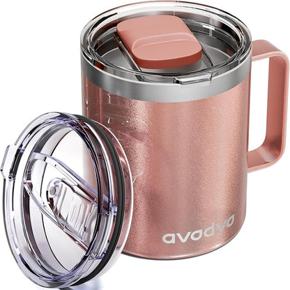 12oz Insulated Coffee Mug with Lid – Includes Two Lids, Stainless Steel Coffee Travel Mug with Handle, Double Wall Vacuum Insulated Camping Mug for Home, Office & Outdoor, Rose Gold