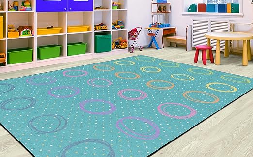 Flagship Carpets Smiley Circle Sampler Abstract Educational Area Rug for Kids Room Seating Décor, Children's Classroom, Play Carpet for Teaching and Playroom, Seats 24, 7'6"x12', Blue & Multi
