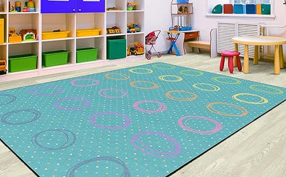 Flagship Carpets Smiley Circle Sampler Abstract Educational Area Rug for Kids Room Seating Décor, Children's Classroom, Play Carpet for Teaching and Playroom, Seats 24, 7'6"x12', Blue & Multi
