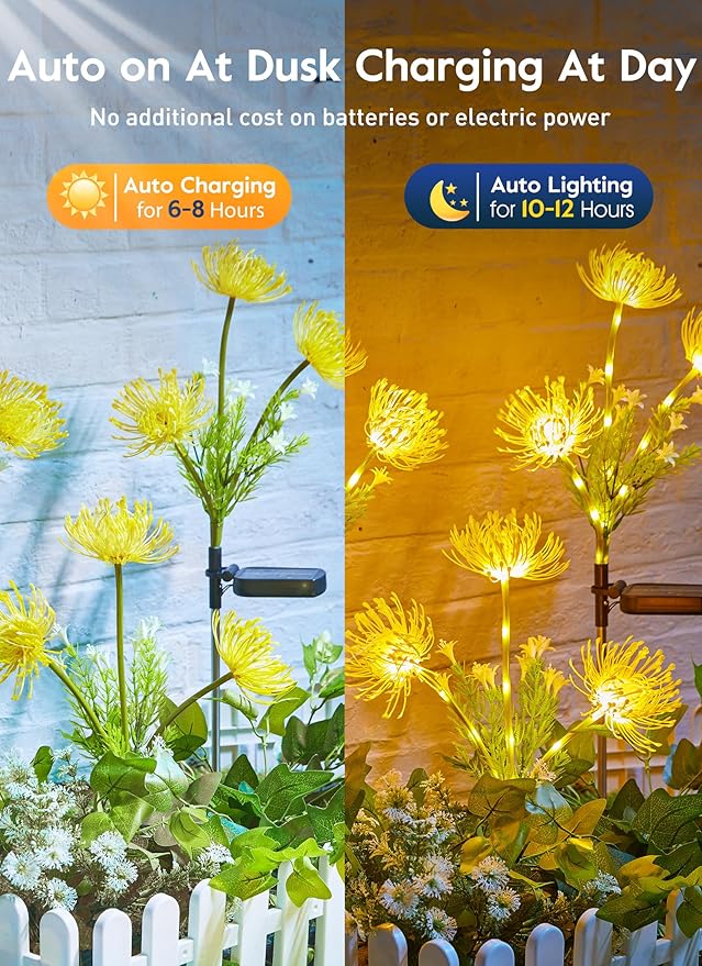 Brightown Outdoor Solar Garden Lights - 4 Pack LED Solar Flower Lights with Glowing Flowers & Stems, More Realistic, Bigger Solar Panel, Waterproof Solar Lights for Outside Yard Patio Home, Yellow