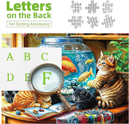 Kittens Watching Goldfish 1000 Piece Puzzle for Adults - Fish Tank Cats Jigsaw Puzzles 1000 Pieces, Unique Home Decor Art, Challenging Fun Games for Adults & Family Game Night Gift