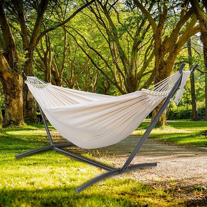 SZHLUX Double Hammock with Stand Included 450lb Capacity Steel Stand, Premium Carry Bag Included.Indoor Outdoor Brazilian-Style Cotton Bed for Backyard, Camping,Garden, Beige