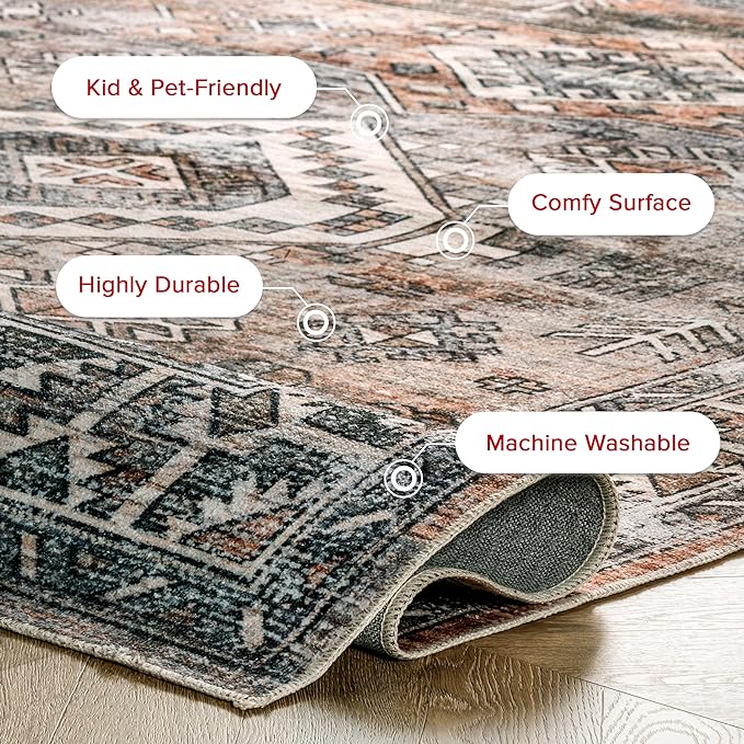 nuLOOM 2x3 Machine Washable Rain Haven Vintage Medallion Area Rug, Rust, Traditional Faded Design, Non-Slip Backing, Stain Resistant, For Bedroom, Dining Room, Living Room, Kitchen