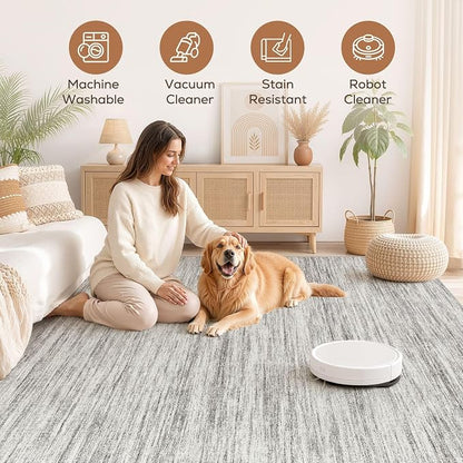 Nakagishi 6X8 Area Rugs Living Room: Washable Large Vintage Rug Neutral Non-Slip Soft Stain Resistant Indoor Carpet for Bedroom Nursery Dining Room Office Playroom - Grey
