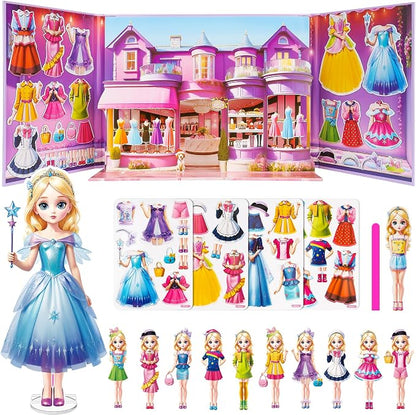 Magnetic Dress Up Dolls for Girls - Princess Magnet Paper Dolls Book with 3D City Buildings - Travel Car Trip Quiet Book Game Toys Easter Birthday Gifts for Kids Toddlers Ages 3 4 5 6 7(Style A)
