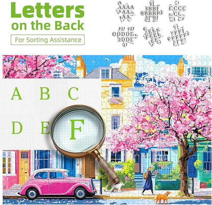 Puzzles for Adults 1000 Pieces Urban Cherry Blossom Spring Street and Pink Vintage Car Art Jigsaw Puzzle for Family Fun Challenging, Party Game Gifts Decoration (27.5" x 19.7")