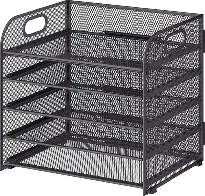 Cawukege 5 Tier Paper Organizer with Handle, Grey Metal Mesh Desk Organizer File Folder Paper Letter Tray Desktop Document Sorter for Classroom, School, Office Accessories Organization and Storage