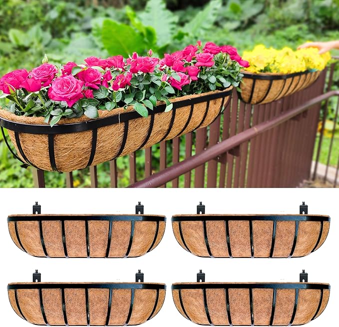 LaLaGreen Railing Planter Box (24 Inch, 4 Pack) Black Metal Rectangular Hanging Planters with Coco Liner, Flower Boxes Brackets for Deck Railings Outdoor Plants Over Rail Fence Balcony Patio Porch