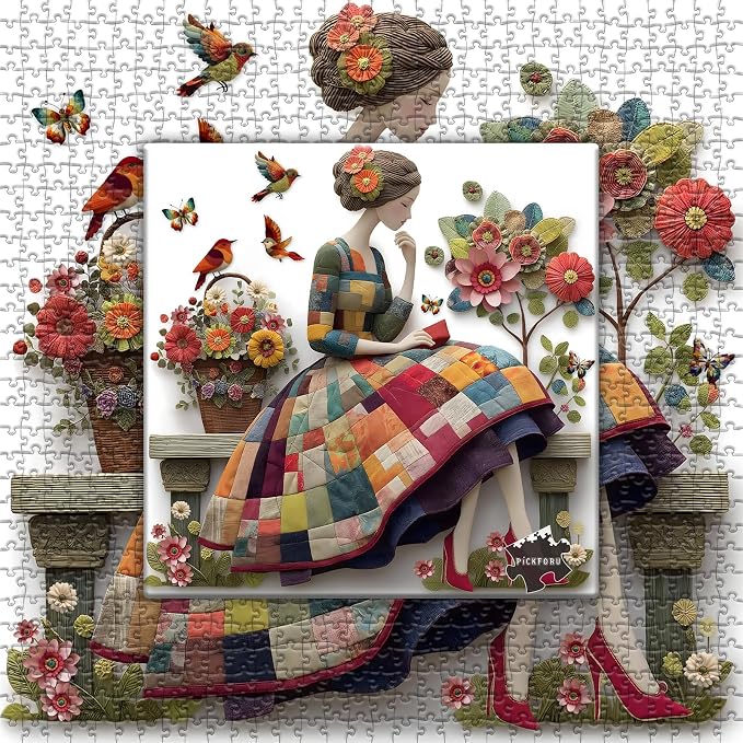 Floral Muse Jigsaw Puzzle 1000 Pieces for Adults, Patchwork Quilting Art Puzzle with Flowers Birds,Woman Flower Garden Themed, Handmade Style Sewing Puzzle Challenge