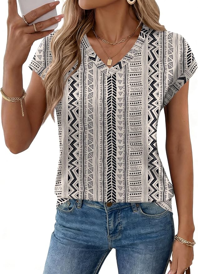 Rapbin Womens Summer Tops Women Blouses Dressy Casual V Neck T Shirts Short Sleeve Spring Tops for Women