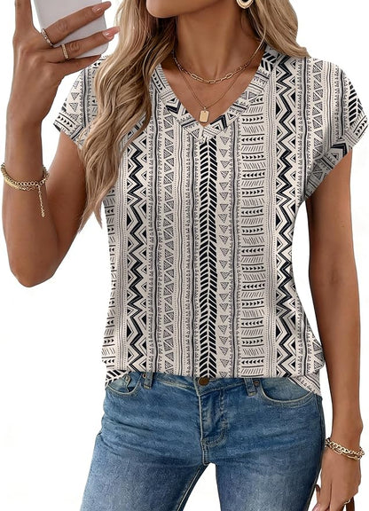 Rapbin Womens Summer Tops Women Blouses Dressy Casual V Neck T Shirts Short Sleeve Spring Tops for Women