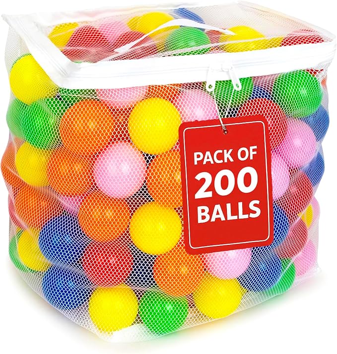 MW SPORTS Ball Pit Balls for Kids and Toddlers, Plastic Crush Proof, Phthalate & BPA Free, in Reusable Mesh Storage Bag, Assorted Colors (200 Balls)