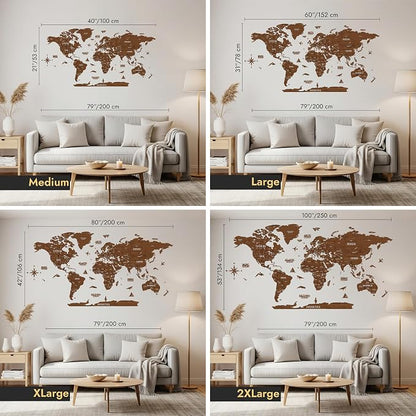 Colorfull Worlds, Multilayer 3D Wooden World Map, Travel Map States and Capitals, Wall Decor For New House, Gift For Travelers, Office Decor, Birthday Present, Living Room Decoration (XL, Light Brown)