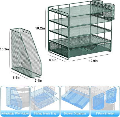 gianotter 5-Tier Desk Organizer with Drawers and File Holders | Letter Trays and Pen Holders - Workspace Accessories for Office Supplies (Green)