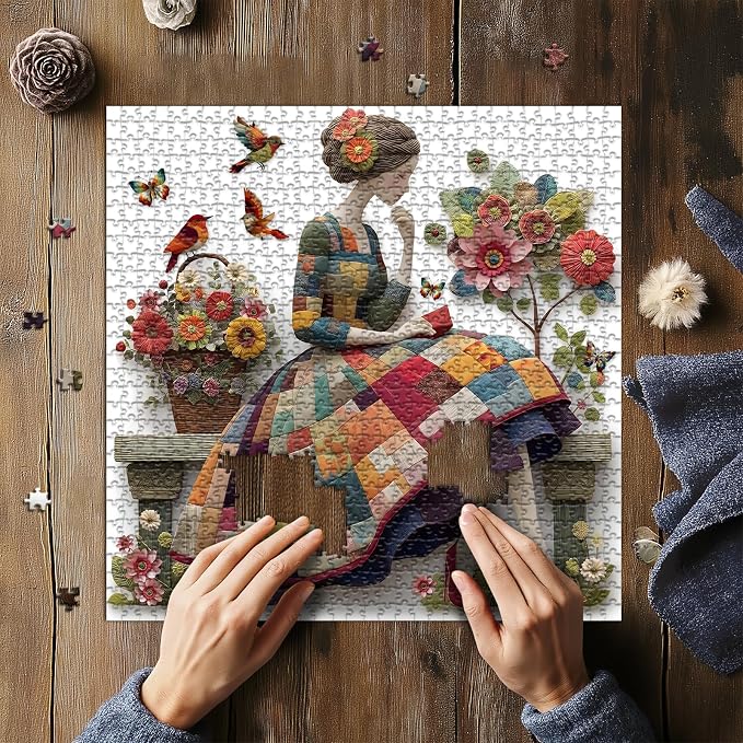 Floral Muse Jigsaw Puzzle 1000 Pieces for Adults, Patchwork Quilting Art Puzzle with Flowers Birds,Woman Flower Garden Themed, Handmade Style Sewing Puzzle Challenge