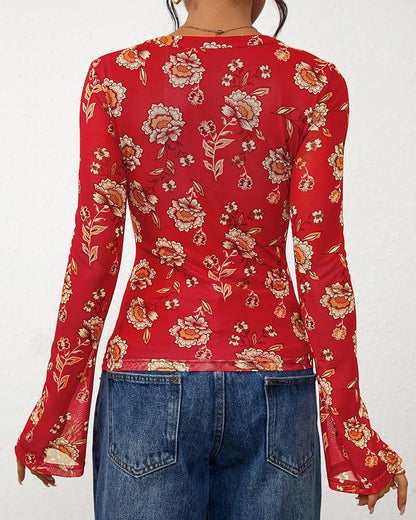 BTFBM Button Down Shirts for Women 2026 Fall Boho Tops V Neck Long Sleeve Blouses Ruched Mesh Fitted Fashion Clothing
