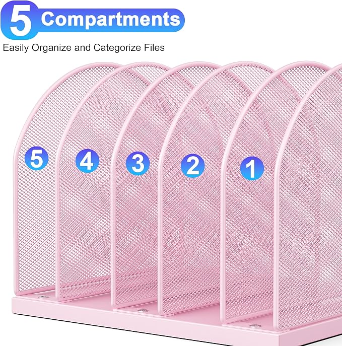 gianotter Desktop File Organizer with 5 Compartments | Desk Organizer Paper Organizer for Desk Workspace Organizers for Office Supplies (Pink, Upright Style)