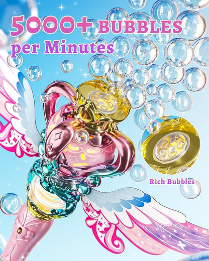 Uregoio Princess Bubble Wand for Girls - Rechargeable Spinning Light Up Magic Fairy Scepter Bubble Machine Toy with 12 Bubble Refills & Music, Birthday Gift for Kids Toddlers Age 3-8 (Pink)