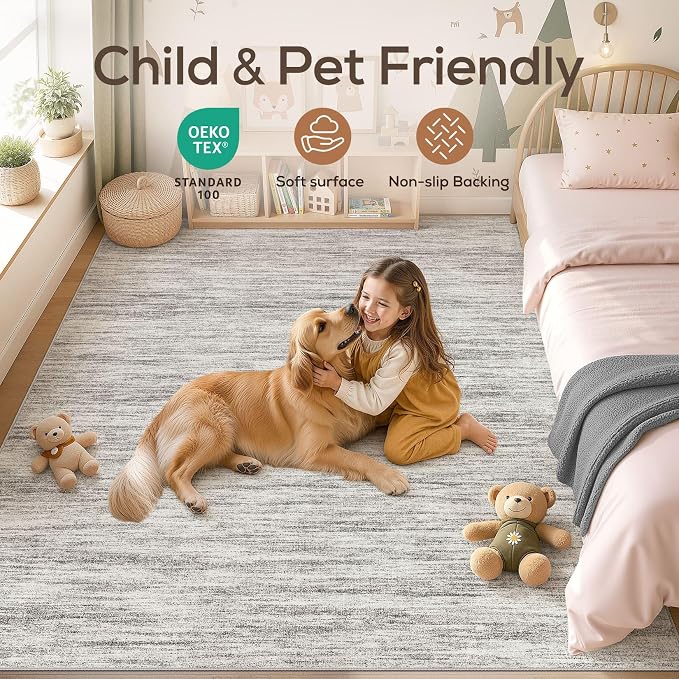Nakagishi 6X8 Area Rugs Living Room: Washable Large Vintage Rug Neutral Non-Slip Soft Stain Resistant Indoor Carpet for Bedroom Nursery Dining Room Office Playroom - Grey