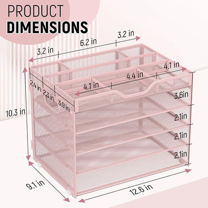 Docnest 5 Tier Mesh Desk Organizer with Removable Tray&Pen Holder, Pink | Features 3 detachable pen holders and 4 removable dividers.Versatile mesh desktop storage for mail, document,office supplie