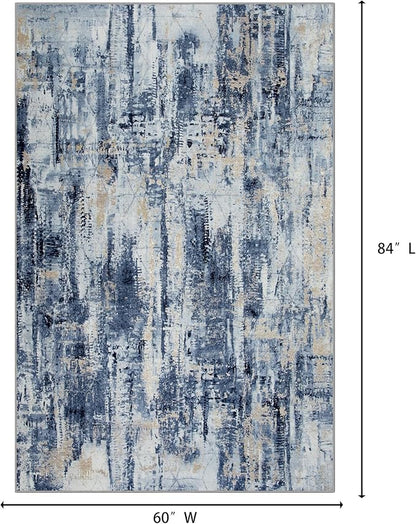 5x7 Area Rugs Washable Rug: Modern Abstract Living Room Rug Soft Anti-Skid Thin Carpet Indoor Floor Non-Shedding Carpets for Bedroom Dining Room Farmhouse Nursery Home Office - Blue Gold