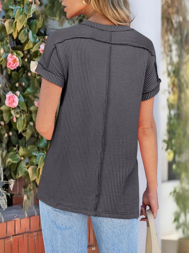 ANRABESS Womens Short Sleeve Crewneck Shirts Ribbed Knit High Low Hem T Shirt 2026 Summer Spring Casual Tops Trendy Clothes