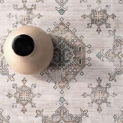 nuLOOM Finley Machine Washable Vintage Distressed Ultra Thin Accent Rug, 3' x 5', Ivory
