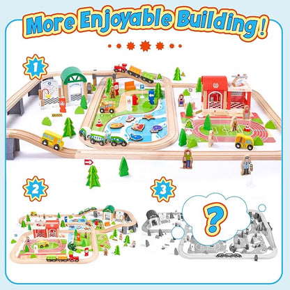 Wooden Train Set 175-Piece for Toddlers Kids Ages 3-8, Double-Sided Expandable Train Track with Puzzles & Magnetic Fishing Toys Compatible with Major Brands, STEM Railway Playset Gifts for Boys Girls
