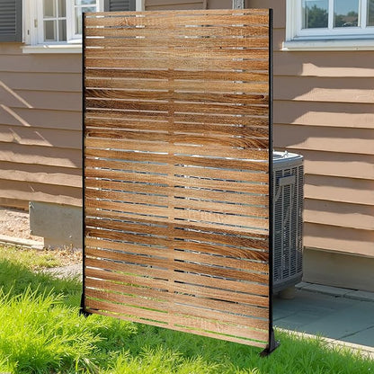 FENCY Metal Privacy Screen 72" H×47" W Natural Wood Color Outdoor Privacy Screen, Freestanding Decorative Privacy Fence Panels for Deck Balcony Patio