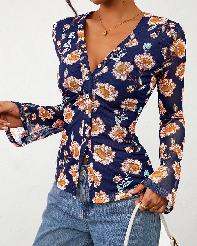 BTFBM Button Down Shirts for Women 2026 Fall Boho Tops V Neck Long Sleeve Blouses Ruched Mesh Fitted Fashion Clothing