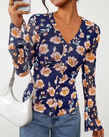 BTFBM Button Down Shirts for Women 2026 Fall Boho Tops V Neck Long Sleeve Blouses Ruched Mesh Fitted Fashion Clothing