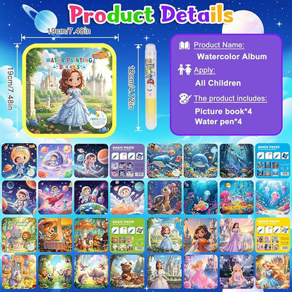 Bresdim Water Painting Books for Toddlers – 4Pack Magic Water Reveal Coloring Books with Water Pens (Princess, Space, Animal,Ocean) No-Mess Coloring & Reusable Fun Travel Activity for Kids Ages 1-3–6