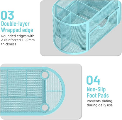 Mesh Desk Organizer with Drawer, 9-Compartment Pen Holder for Desk, Blue | Pull-Out Drawer Stores Pens, Pencils, Clips, Notes, and Small Office or School Supplies in One Compact Desk Caddy
