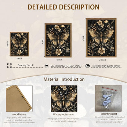Vintage Moth Canvas Wall Art, Dark Academia Gothic Decor, Insect Botanical Painting, Enchanted Moth Flowers Picture Print, Nature Wall Decor for Living Room Bedroom 8x10 inch Wood Framed