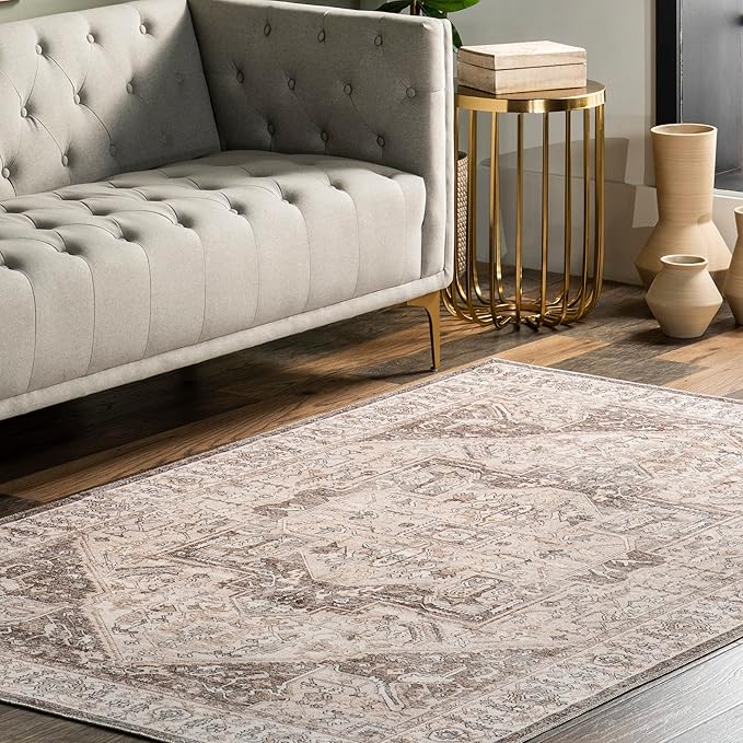 nuLOOM 4x6 Machine Washable Rain Haven Vintage Medallion Area Rug, Brown, Traditional Faded Design, Non-Slip Backing, Stain Resistant, For Bedroom, Dining Room, Living Room, Kitchen