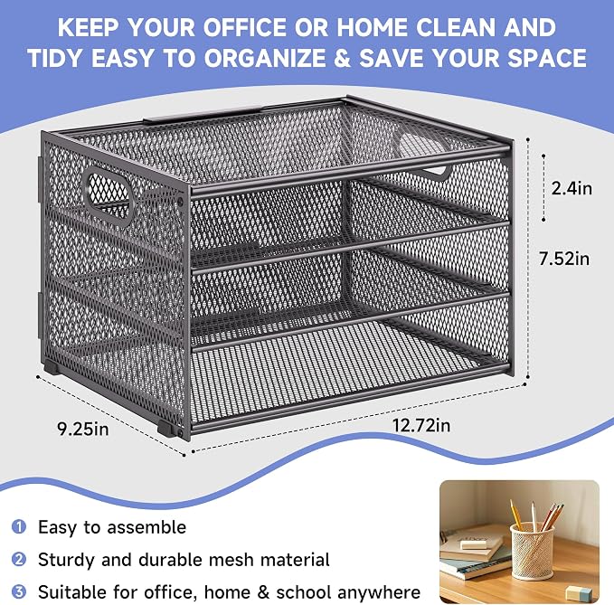 Subekyu Paper Letter Tray Organizer for Desk, Gray Metal Mesh Desk File Sorter Organizer with Handle and 2 Sliding Trays for Home Office School Supplies Organization