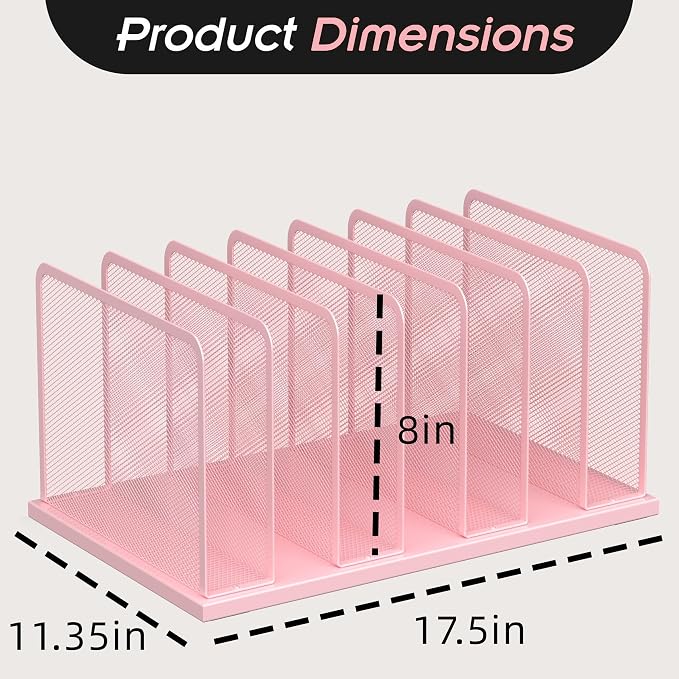 Kuntine.B 7-Section Upright Desk File Organizer Pink 1 Pack | Vertical, Mesh, Metal, Assembly, Stability, Sturdiness, Organization, Standing