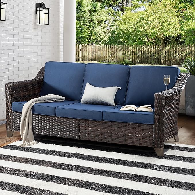 Joyside Patio Sofa - 3 Seater Rattan Sofa, All Weather High Back Sofa, Upgraded Large Size with 4inch Seat Cushions for Backyard, Garden, Poolside (Brown/Blue)