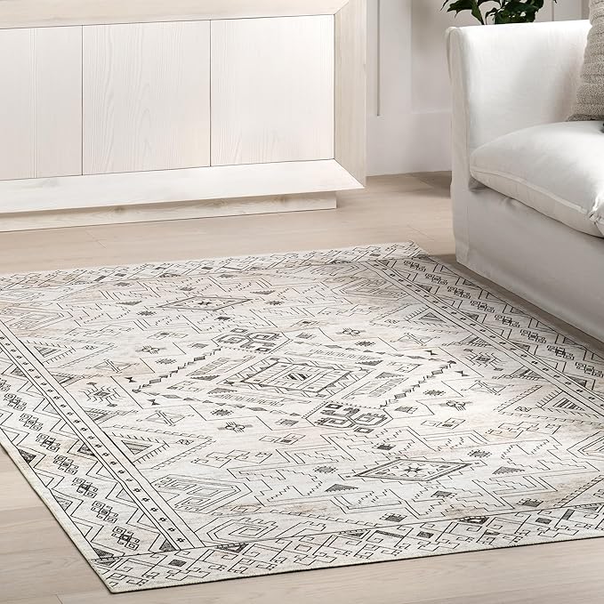 nuLOOM Malena Tribal Bordered Machine Washable Ultra Thin Runner Rug, 2' 6" x 8', Light Grey
