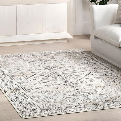 nuLOOM Malena Tribal Bordered Machine Washable Ultra Thin Runner Rug, 2' 6" x 8', Light Grey