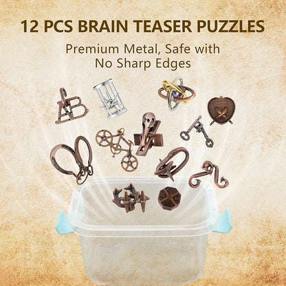 12Pcs Brain Teaser Puzzles for Adults and Teens, 3D Metal Puzzle Set with Various Difficulty Levels, IQ Logic Challenge Disentanglement Game, Fun Handheld Brain Teasers for Focus, Gifts for Boys Girls