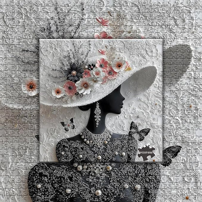 Impossible Puzzles for Adults 1000 Pieces,PICKFORU Floral Muse Puzzle Elegant Lady,Beauty Flower Woman Puzzle Black and White Pearl,Hard Challenge Jigsaw Puzzles Aesthetic