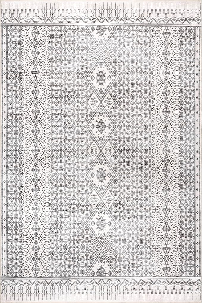 nuLOOM Hettie Transitional Tribal Machine Washable Ultra Thin Area Rug, 8' x 10', Light Grey