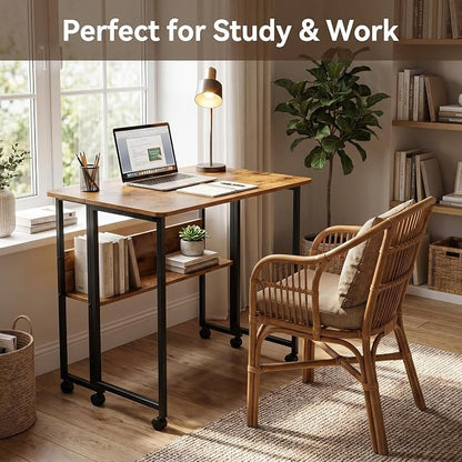 Mobile Foldable Desk w/Wheels and Feet Pads, Foldable Computer Desk, Folding Desk, Small Computer Desk for Small Spaces, Folding Table for Office Bedroom Living Room-Rustic Brown